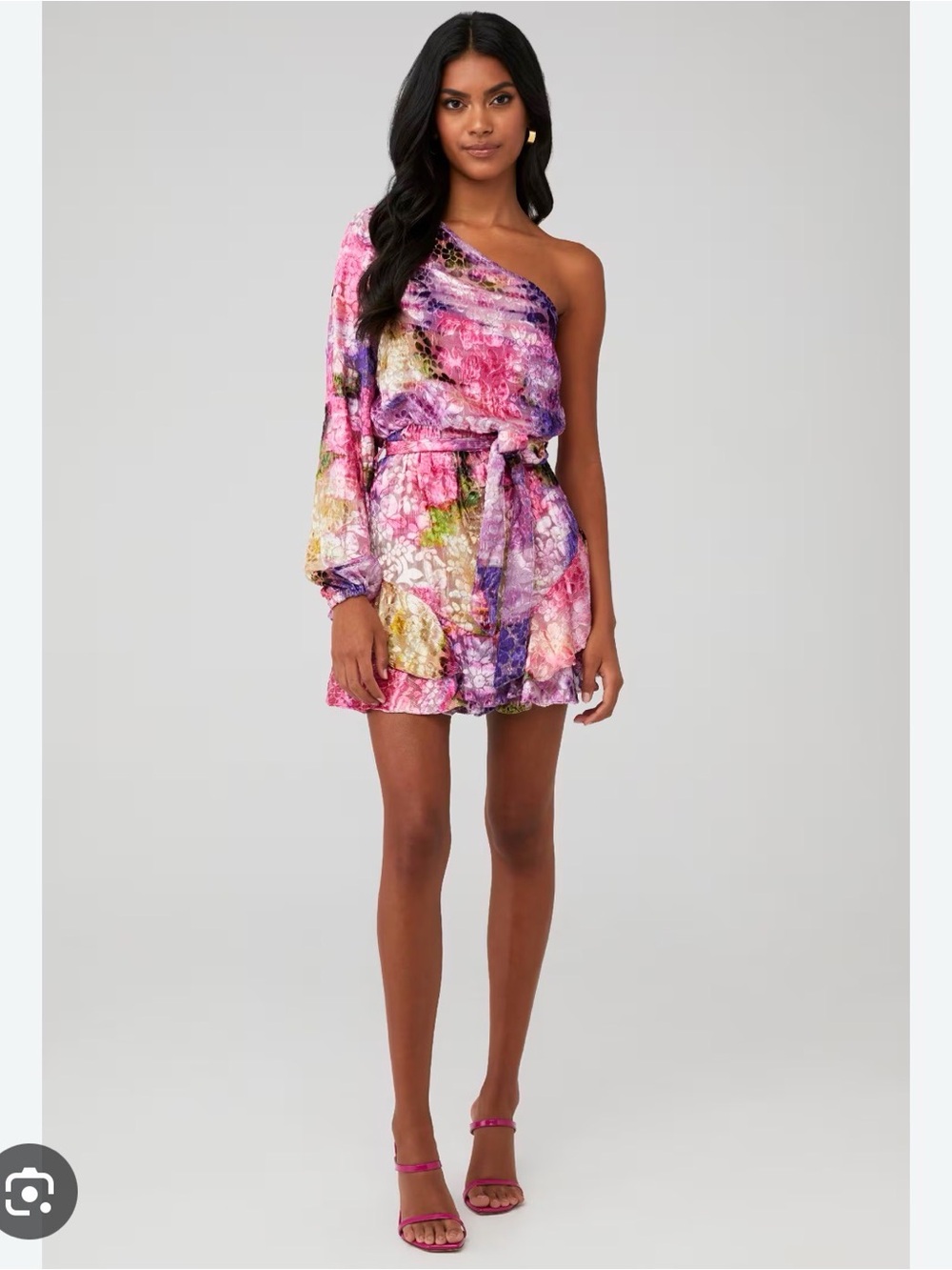 HEMANT & NANDITA Pink and Purple One-Shoulder Floral Dress